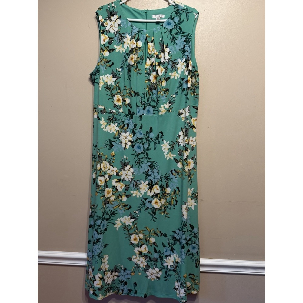 London Style Collection Size 18 Plus Midi Dress Women's Green Blue Floral Print - Picture 2 of 4